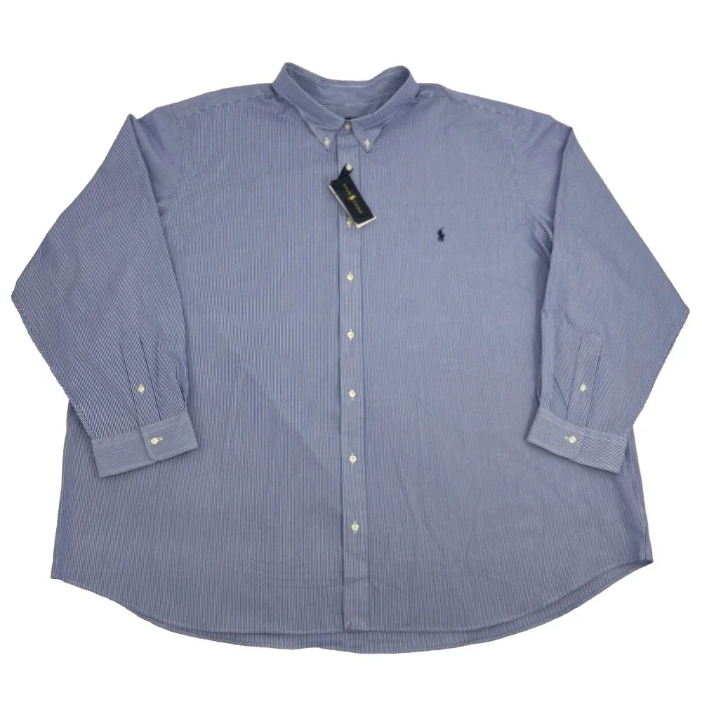 Ralph Lauren Shirt Men 5XB Blue White Stripes Long Sleeve Button Down Poplin NEW